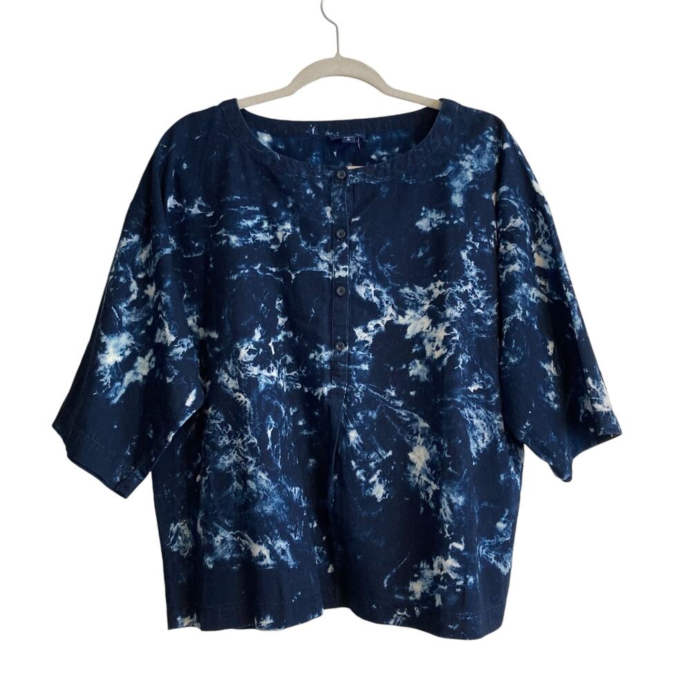J.Jill Cotton Navy Blue White Tie Die Oversize Cropped Henley Top Size Small
